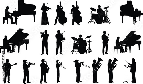 Black Silhouette Vector Set Of Musicians Playing Piano Trumpet Saxophone Drums And Violin With Orchestra Conductor For Jazz Music flavector