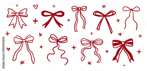Vector romantic set of coquette whimsical style red hand drawn doodles of bows on white background