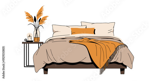 Cozy bedroom with bed and nightstand illustration.