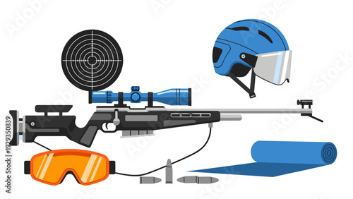 sniper rifle with scope helmet target and protective goggles set flat vector illustration