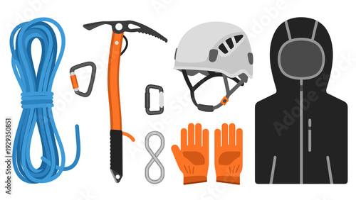climbing gear set with rope ice axe helmet gloves jacket hand drawn equipment collection