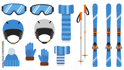 collection of blue winter ski equipment and accessories with helmets gloves scarves goggles and ski poles in flat style