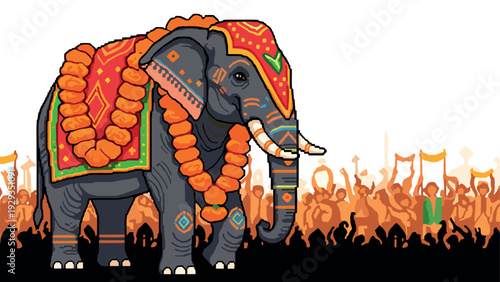 decorated elephant with flower garlands and traditional patterns in front of festival crowd hand drawn colorful illustration