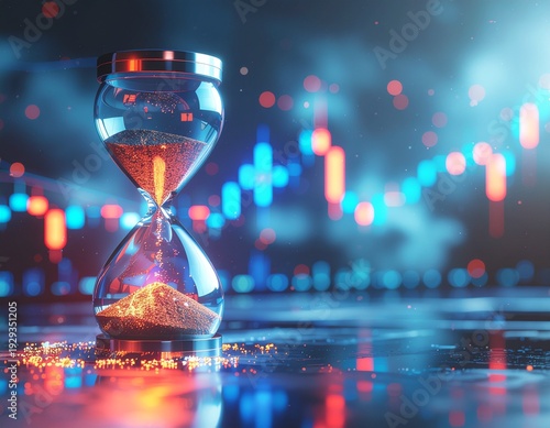 An hourglass filled with glowing sand measures time against an abstract data graph, symbolizing time management.
