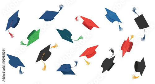 Scattered Graduation Caps with Tassels on White Background