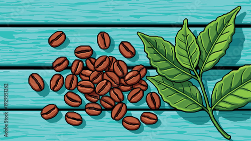 hand drawn coffee beans and green coffee leaves on wooden background illustration