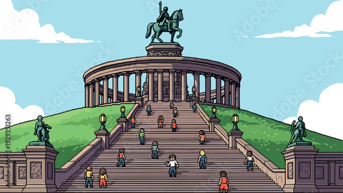 people climbing large historic staircase to colonnade with equestrian statue hand drawn illustration