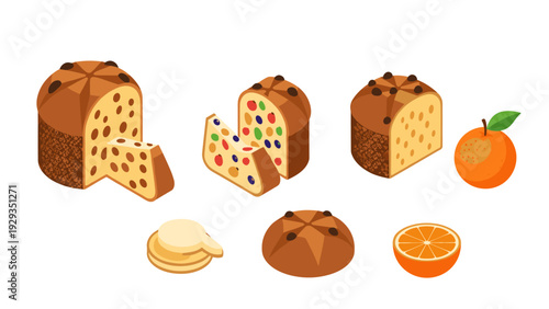 set of hand drawn traditional fruit cakes and orange fruit illustrations