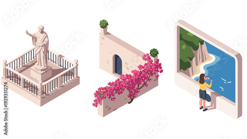 isometric classical statue on pedestal wall with flowering plant and woman taking photo of seascape illustration set