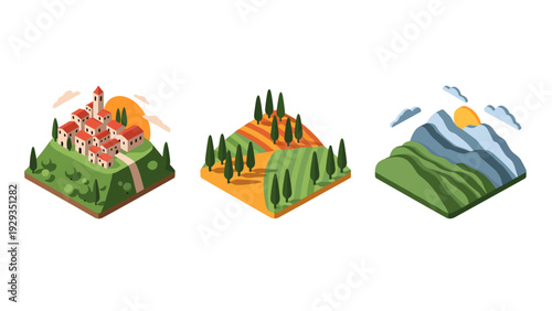 isometric rural landscape set with village farm fields and mountains in flat modern style