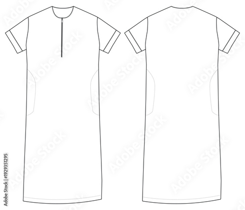 Men Islamic Thobe Jubba Long Dress Front and Back View Technical Drawing Vector
