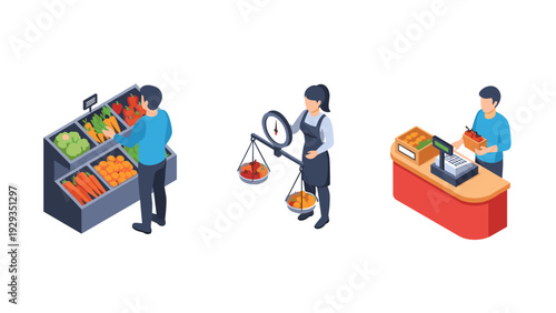 isometric grocery shopping scene with customer browsing vegetables vendor weighing produce and cashier at counter in modern flat style