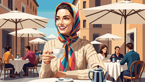 woman in colorful headscarf drinking coffee at outdoor cafe in warm flat style