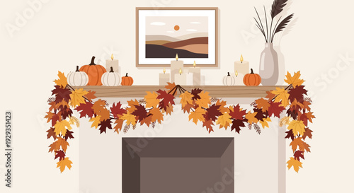 Autumnal decoration on a fireplace mantel with leaves and pumpkins.