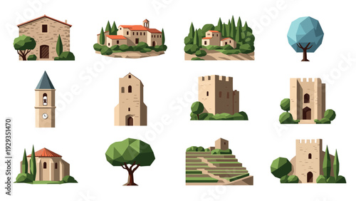 set of hand drawn medieval buildings castles and trees in low poly geometric style