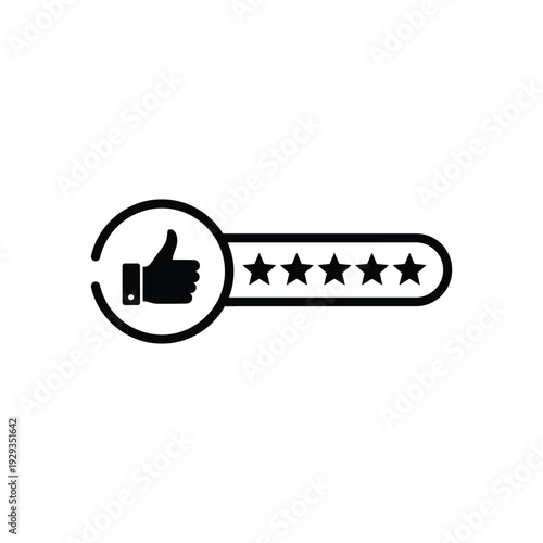 A thumbs up icon surrounded by a rating system with five stars displayed prominently in a simple graphic illustration