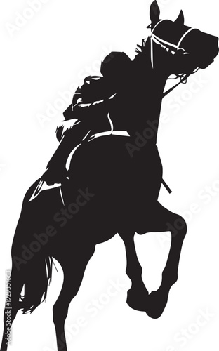 Black and white vector silhouette illustration of jockey riding horse line art
