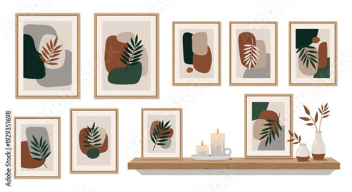 Set of abstract botanical art prints and decorative shelf with vases and candles.