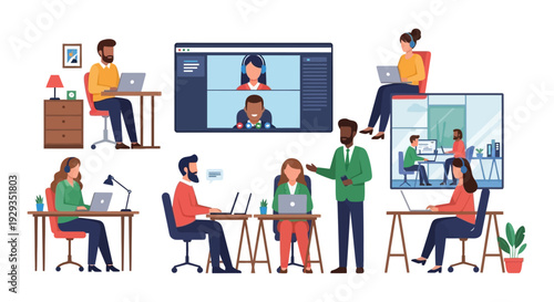 Hybrid Work Model: Office & Remote Collaboration with Virtual Meetings and Digital Workplace Concepts