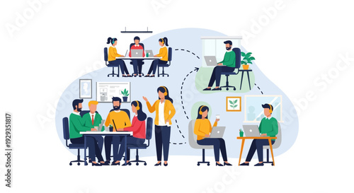 Business Team Collaboration in Hybrid Workplace: Remote Work & Office Interaction