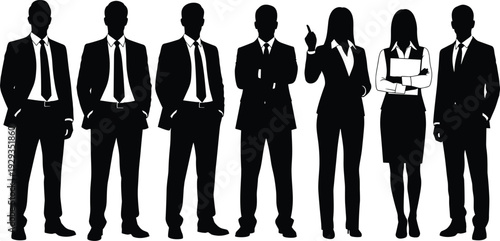 Professional business team silhouettes standing together in formal suits representing corporate leadership teamwork diversity success and career growth in office environment.
