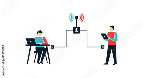 Seamless Digital Connectivity: People Using Laptop and Tablet Connected via Network Router. Internet Communication & Remote Work Flat Vector Illustration