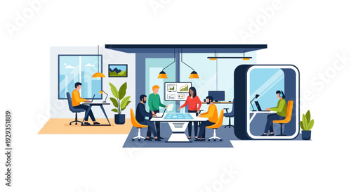 Modern Office Workspace: Business Team Collaboration, Individual Desks, and Privacy Pods for Diverse Workflows and Productivity.