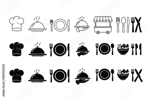 Vector set of food icons featuring coffee, tea, and kitchen symbols for cafe and restaurant design including breakfast cake, chef signs, and hot cooking pots for dinner