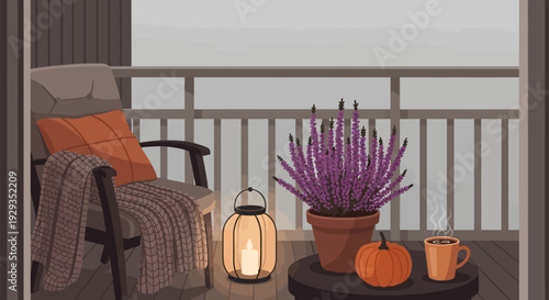 Cozy autumnal balcony with chair and fall decorations.