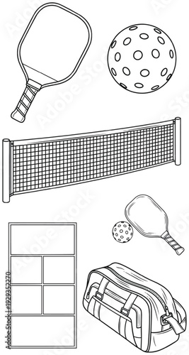 Pickleball paddles, balls, a net, and a court layout with a duffel sports bag illustration.