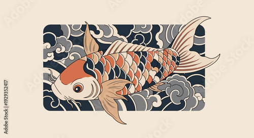 Koi Fish Illustration with Traditional Japanese Clouds Pattern