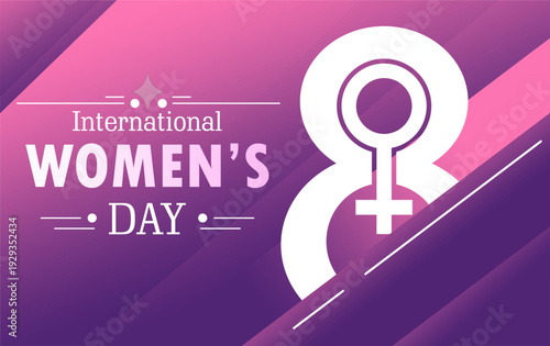 International Women's Day Celebration Banner with Female Symbol and Number Eight on Purple Background