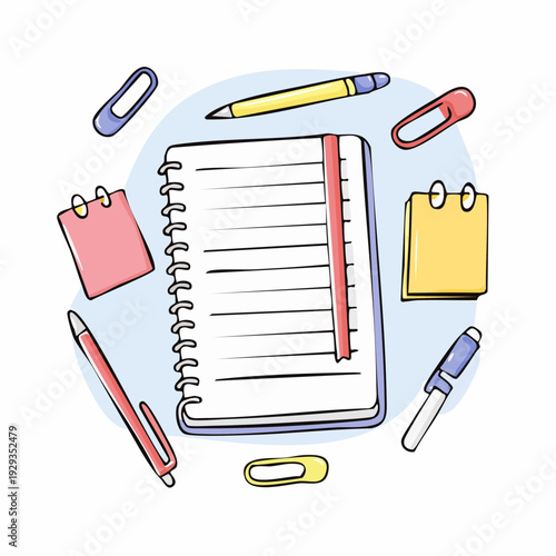 Creative stationery flat lay illustration spiral notebook, colorful pens, paper clips, and sticky notes arranged for study, office, or design concepts