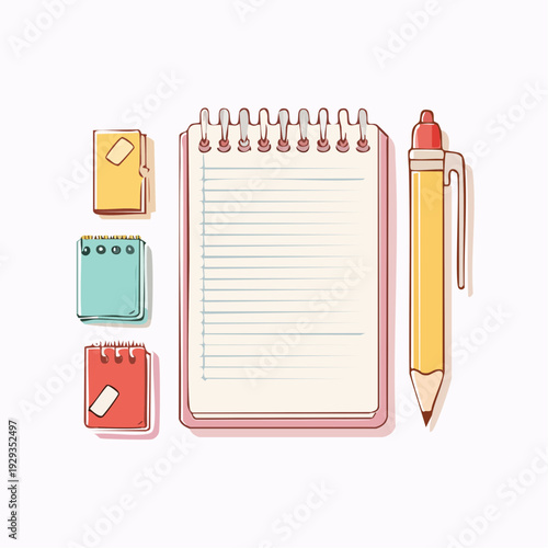 Vibrant vector illustration of a fundamental stationery collection a spiral notebook for note-taking, a stack of colorful memo pads, and a handy pencil, symbolizing organization and planning