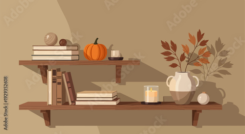 Cozy home decor with books and autumnal elements on wooden shelves.