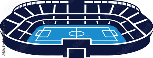 Illustration of a large soccer stadium with blue field and white lines from above view  sports venue