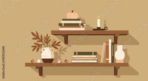 Cozy home decor with books and autumnal elements on wooden shelves.