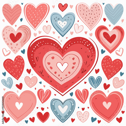 A vibrant collection of red and blue hearts of various sizes and patterns, symbolizing love and affection