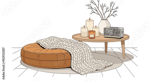 Cozy living room with bean bag chair and coffee table.