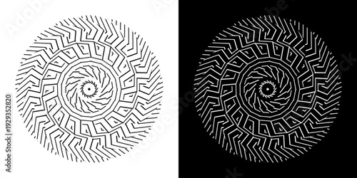 Abstract background with abstract line pattern in circles. Spiral art design as a logo or icon. A black figure on a white background and the same white figure on a black side. Mandala design with line