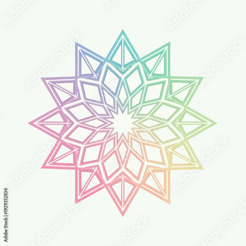 Aesthetic Geometric Starburst Mandala Design with Gradient Rainbow Colors on a Light Background