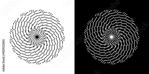 Abstract background with abstract line pattern in circles. Spiral art design as a logo or icon. A black figure on a white background and the same white figure on a black side. Mandala design with line