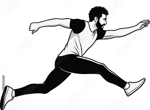 Man in athletic wear running quickly with arms outstretched in mid stride motion