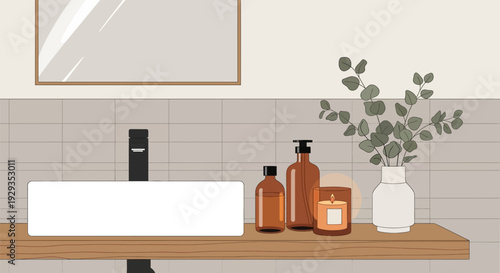 Modern bathroom interior with sink and toiletries on wooden counter.