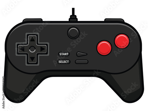 Classic Black Video Game Controller with Red Buttons.