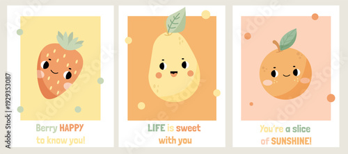 A set of bright postcards with fruits and berries - strawberries, pears, and oranges
