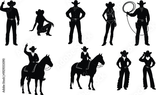 Black western cowboy and cowgirl silhouette set with lasso horse riding and various ranch life poses isolated on white vector