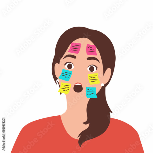 woman overwhelmed with sticky notes stress.