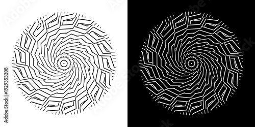 Abstract background with abstract line pattern in circles. Spiral art design as a logo or icon. A black figure on a white background and the same white figure on a black side. Mandala design with line