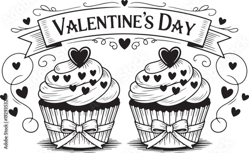Elegant vintage banner with valentine day message and detailed cupcakes with heart decorations